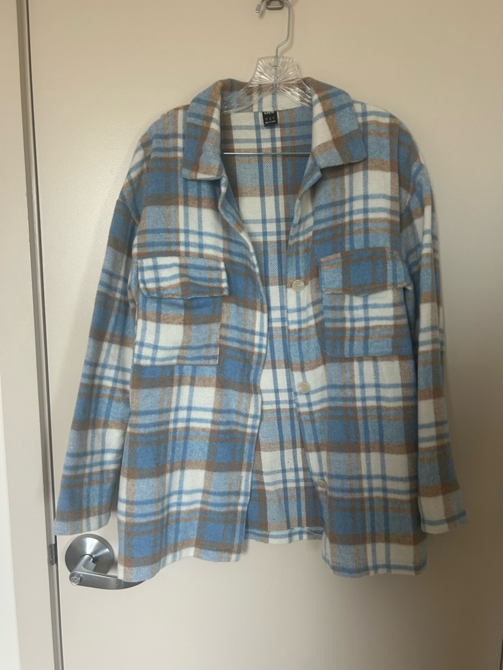 SHEIN Blue, Cream & Tan Plaid Utility Shacket